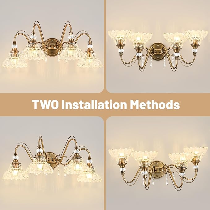 Vintage Bathroom Vanity Light, 4-Light Matte Antique Brass Finish Wall Sconce with Hanging Crystal Accents and Flower-Shaped Clear Glass Shades, Retro Wall Mount Vanity Light Over Mirror for Bathroom