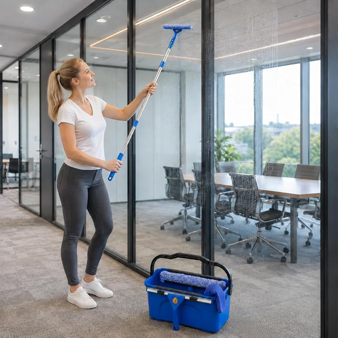 UFORU Professional Window Cleaning Kit with Bucket, 3 Gallon Set with 14" Window Squeegee, 15" Microfiber Scrubber and 76" Long Handle for High Window, Home, Outdoor, Commercial and Car Glass Cleaning