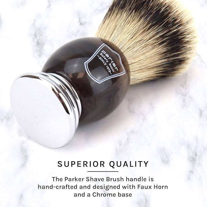 Parker 100% Silvertip Badger Shaving Brush – Faux Horn Handle, Long Loft 22 mm Knot, Chrome Base & Resin Stand – Rich Lather, Soft Bristles for Comfortable Shaving