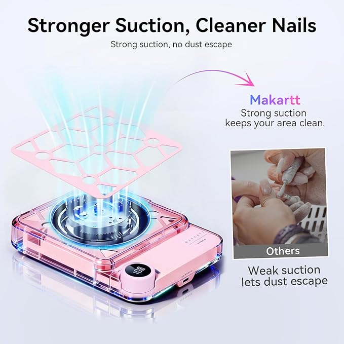 Makartt Compact Rechargeable Nail Dust Collector - 5500RPM Dust Collector Nail Tech ERYNOS Adjustable Speed,Quiet for Polishing Cuticle Manicure Salon&Home Use With 10pcs Filters&Dust Brush White