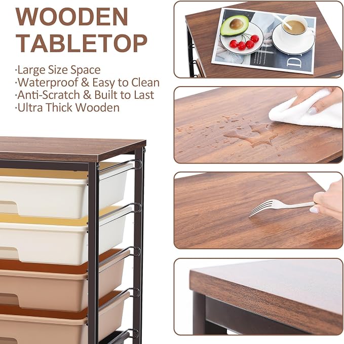 SYKIARIOL Rolling Storage Cart with Drawers, Rolling Drawer Cart and Wooden Tabletop,Storage Drawer Cart for Living Room,Classroom,Bedroom,Bathroom,Dorm,Office,Brown Gradient
