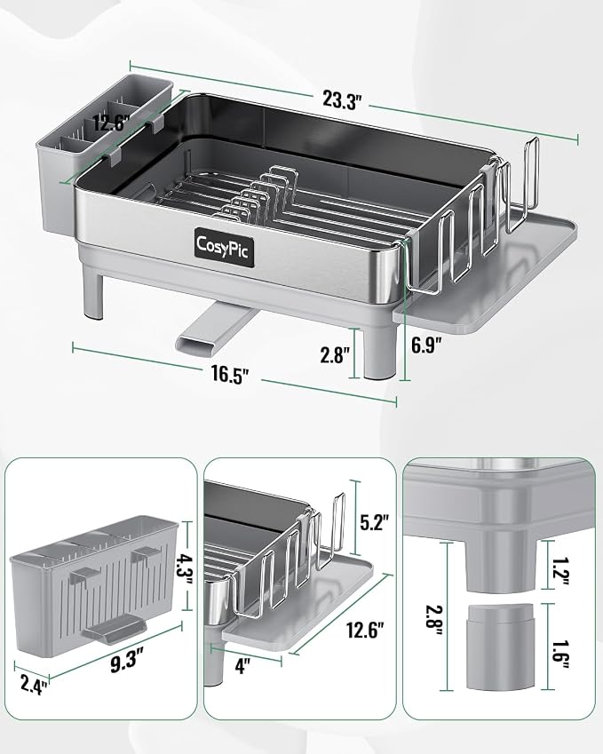 Dish Racks, Thicker Premium 304 Stainless Steel Dish Drying Rack for Kitchen Counter, Automatic Drainage Spout, Dish Drainer & Drainboard Set with Utensil Holder and Cup Holder, Grey