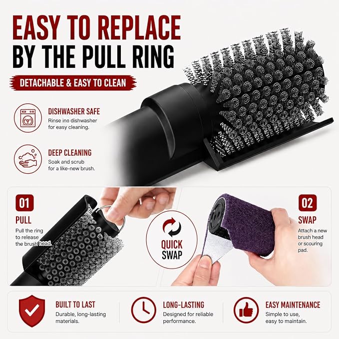 Electric Grill Brush Rechargeable, Cordless Rotary BBQ Cleaner with 3 Speeds, 180° Adjustable Head, Detachable Brush Heads for Outdoor Gas and Charcoal Grills, Black