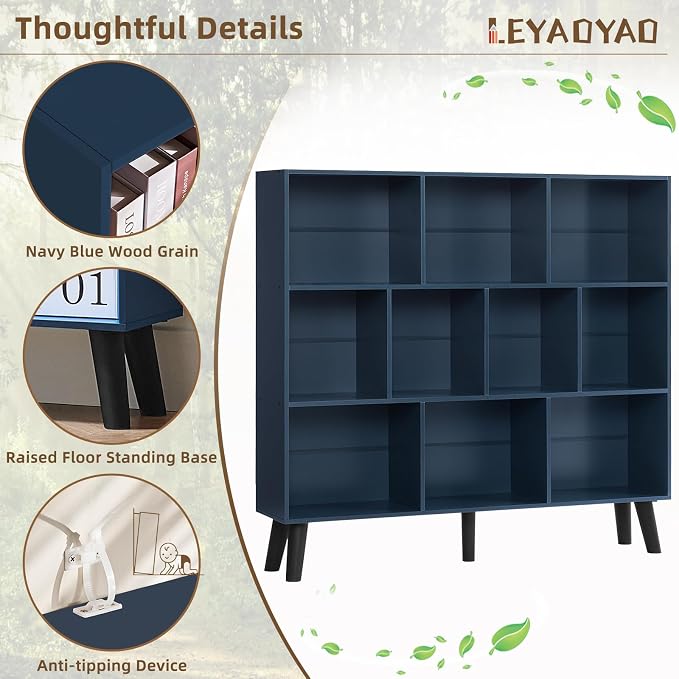LEYAOYAO 10 Cube Bookshelf,Mid-Century Modern Bookcase with Legs,Dark Blue | 3 Tier Book Shelf,Rustic Wood Bookshelves Freestanding Large Storage Organizer, Open Shelves for Bedroom, Living Room, Office