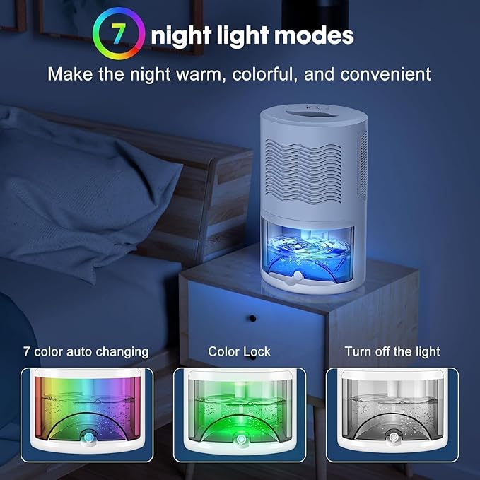 Small Dehumidifier for Bedroom up to 1000 Sq.Ft, 68 OZ Water Tank Dehumidifier for Home with Auto Shut-Off, Mini Dehumidifier with 7 Color LED Lights for Bathroom, Basement, Closet, Garage, RV