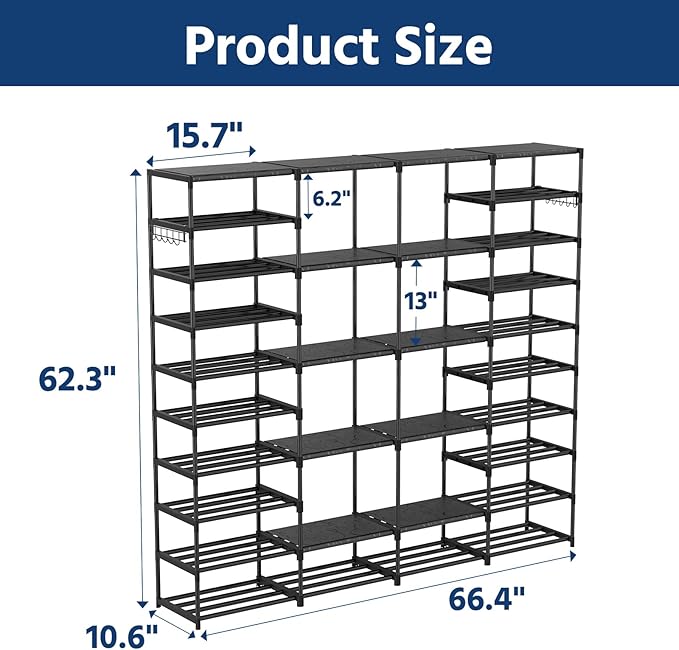 Ekisemio Large Shoe Rack Organizer for Entryway Closet 72-80 Pairs 10-Tier Heavy Duty Tall Garage Shoe Rack Shoe Shelf Shoes Storage with Removable Side Hooks for Bedroom and Garage, Black