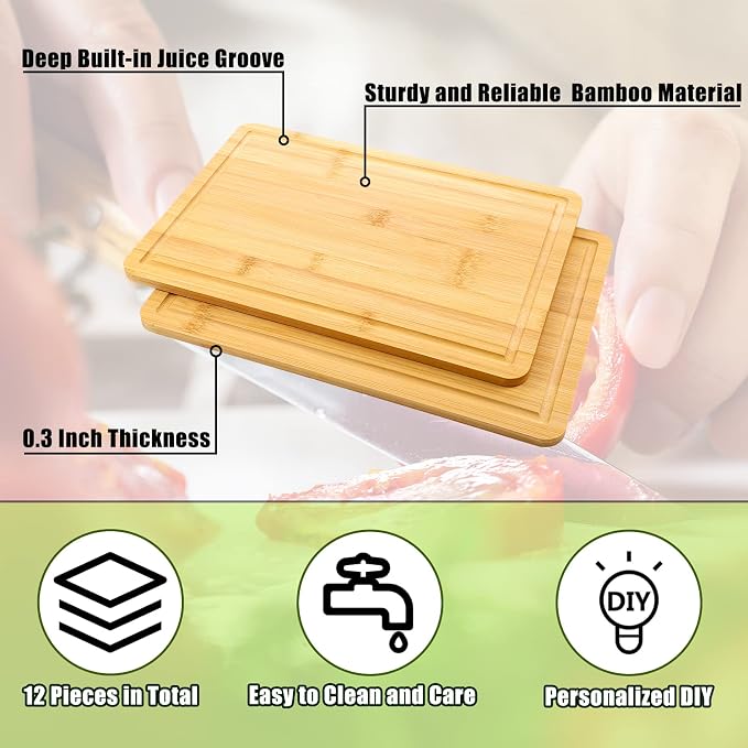 Patelai 12 Pack Bulk Plain Cutting Board Set Kitchen Chopping Boards Rectangular Blank Cutting Board Wood Crafts Serving Board for Christmas Wedding DIY Engraving Gifts(Bamboo,12 x 8 Inch)