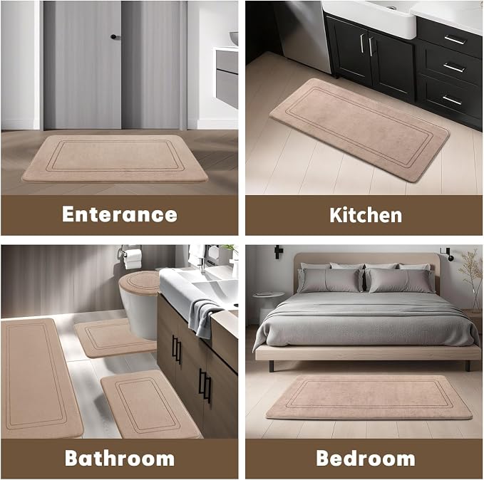 YIHOUSE Beige Memory Foam Bathroom Rug Set 5 Piece, Absorbent Bath Mat Sets, Non Slip Bath Mats for Bathroom Floor, Washable & Dry Quickly Bath Rug Set, Beige Rug Set5 Pieces