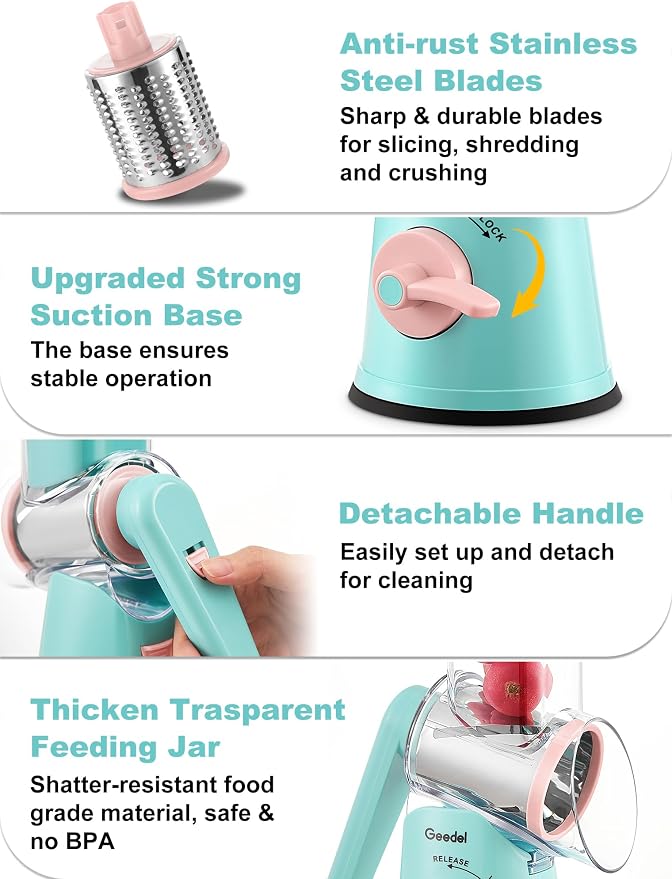 Geedel Rotary Cheese Grater Cheese Shredder - Upgraded 5-in-1 Cheese Grater with Handle and Strong Suction Base, Multi-purpose Vegetable Slicer Ice Shaver Nuts Grinder for Cheese, Vegetables, Ice