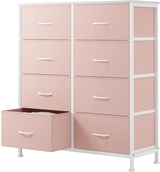 Sweetcrispy 8 Drawer Fabric Dresser for Bedroom, Tall Dresser, Pink | Sturdy Chest of Drawers, Steel Frame and Wooden Top, Closet Living Room Storage Organizer with Easy Pull Handles