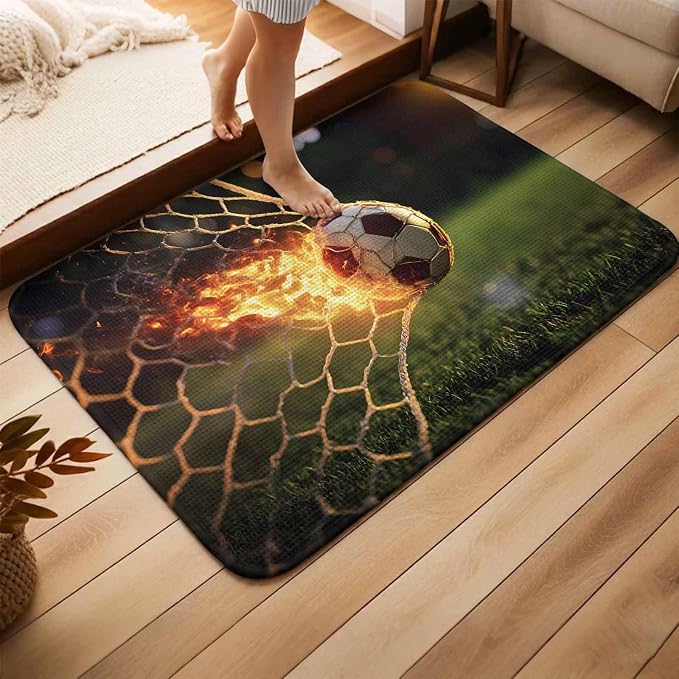 Flaming Soccer Bathroom Rugs Non Slip Washable Bath Mat Absorbent Front Door Mat Goal Net Powerful Fire Orange Grass Green Indoor Doormat for Kitchen Entryway Shower Decor Accessories 19.7"x31.5"