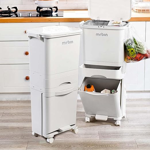 MRBIN 42L 3-Tier Kitchen Trash Can with Pedal & Wheels, 11Gal Double-Layer Recycling Center, Vertical Garbage Bin for Kitchen, Office, Bathroom