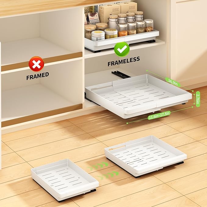 4 Pack Pull Out Cabinet Organizers Expandable (11.6''-17.5''), Plastic Slide Out Drawers for Kitchen, Bathroom, Pantry, Under Sink Storage, Pull Out Drawers Fixed with Adhesive Nano Film (White)