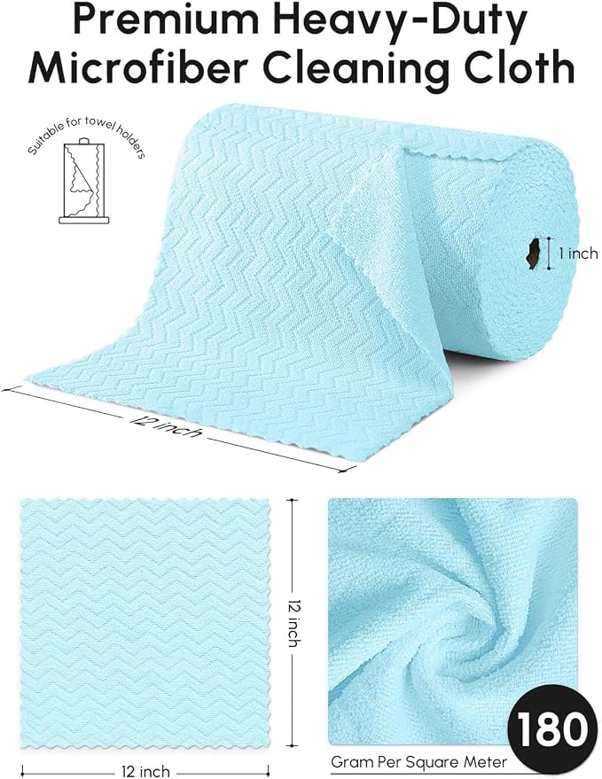 Microfiber Cleaning Cloths Roll, 75 Pack Tear Away Microfiber Towels Roll, 12" x 12" Lint Free Rags, Reusable Cleaning Cloths, Washable, Scratch Free,Ultra Absorbent Dish Rags(Blue Ripple)