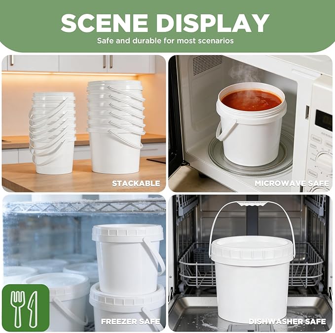 4 Pack 34oz Food Grade Plastic Buckets with Screw Lids & Handle, Reusable Storage Containers for Snacks, Salad, Sauce - White Freezer Safe Bucket Set