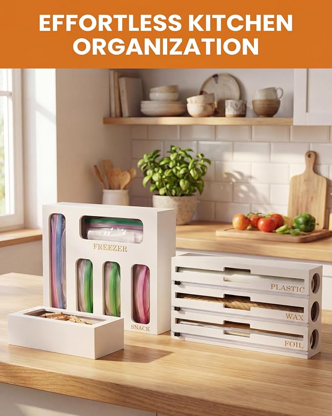 Bamboo Foil and Plastic Wrap Organizer for Kitchen Drawer, 9 in 1 Plastic Bag Organizer Organization and Storage, Food Storage Bag Organizer with Labels for Quart Gallon Snack (White)