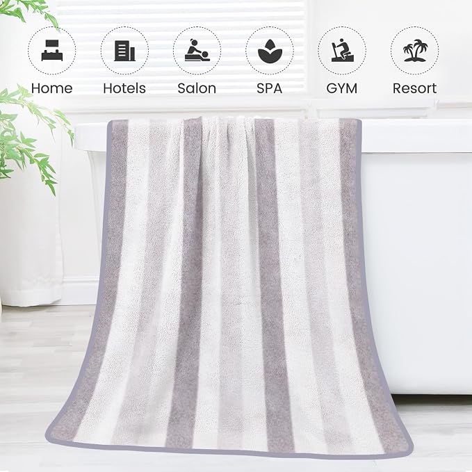 JML Microfiber Bath Towels, 30" x 60", Cabana Stripe Grey, Set of 2 | Hanging Loop,Large, Soft, Super Absorbent, Fast Drying, Perfect for Hair Wrap, Sport, Fitness, Yoga