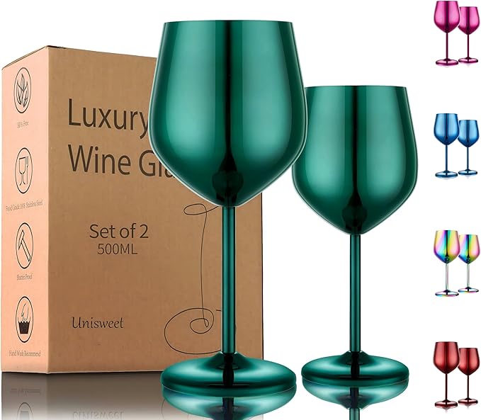 UNISWEET Unbreakable Stainless Steel Wine Glasses Set of 2, Green | 17oz Unique Fancy Metal Wine Goblets, Shatterproof, Ideal for Outdoor, Camping, Travel, Pool, Great Gift for Wine Lovers