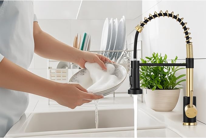 Kitchen Faucet with Pull Down Sprayer Brush Gold&Black | 2-mode sprayer, 360° high arc spout, 304 SS build, drip-free valve, fingerprint-resistant, DIY install, NSF certified