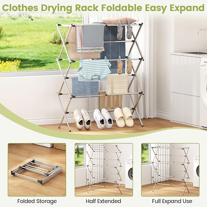APEXCHASER Large Stainless Steel Clothes-Drying-Rack, Expandable Adjustable Width 24.76-35.51 Inch, 45.28" Height Space Saving Foldable Laundry Rack, Indoor Outdoor for Clothes Towels Shoes, Silver