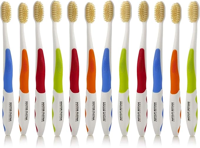 MOUTHWATCHERS Soft Flossing Manual Toothbrush, Adults, Pack of 12, Assorted | Floss-Tip Bristles for Sensitive Teeth and Gums, Soft Manual Brush, Deep Clean, BPA Free, Dr Plotka Design