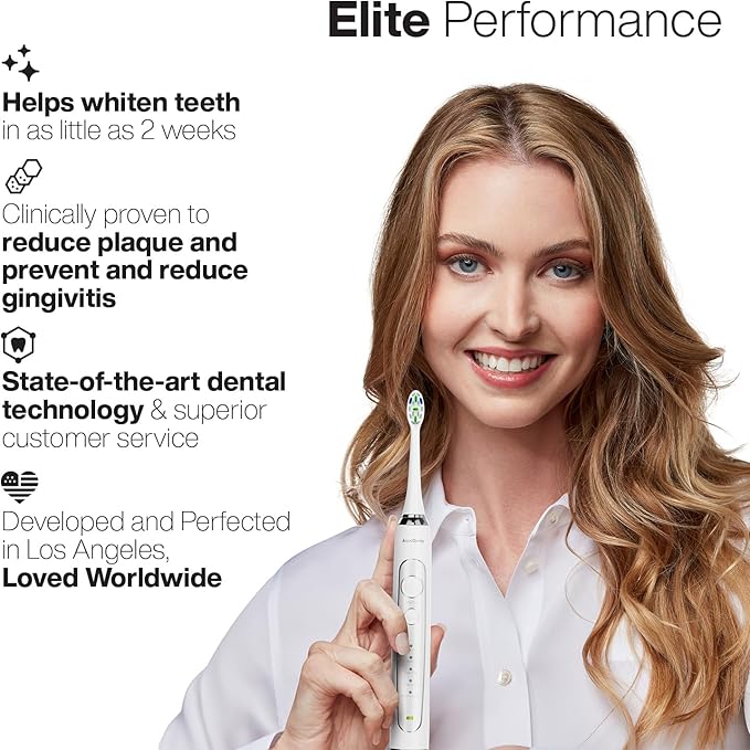 Aquasonic Elite Ultra-Whitening Toothbrush – ADA Accepted Power Toothbrush - 8 Proflex Brush Heads & Travel Case – 50,000 VPM Motor & Wireless Charging - 5 Modes w Smart Timer (White)