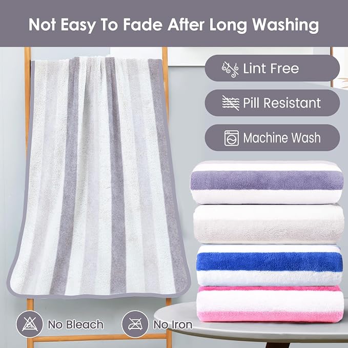 JML Bath Towels, Pack of 4, 30"x60", Large, Cabana Stripe Grey | Hanging Loop, Lint Free, Oversized, Soft, Super Absorbent,Fast Drying, Perfect for Shower, Sauna, Gym, Sports, Fitness, Yoga