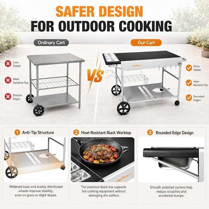 Pizza Oven Table Grill Cart for Ninja Woodfire, Blackstone Griddle, Ooni | 51'' Outdoor Pizza Oven Stand with Seasoning Tray for Outdoor Cooking, BBQ Prep Station, Easy Assembly 30048