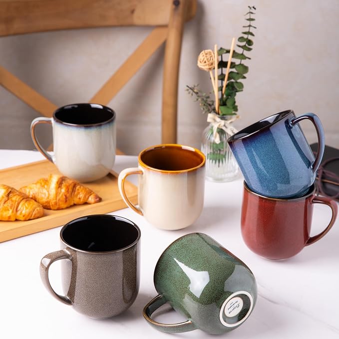 LERATIO Ceramic Coffee Mugs Set of 6,12oz Handmade Coffee Mugs Set | Large Handle for Cappuccino/Latte/Tea/Hot Cocoa,Oven &Dishwasher & Microwave Safe-Colorful