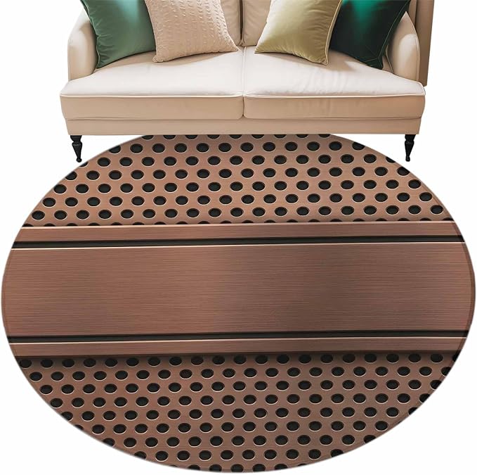 8 Ft Round Rug for Large Living Room, Brown Metal Hole Indoor Accent Rugs for Apartment, Copper Net Eye Hole Pattern Decorative Circle Carpet Washable Low Pile Non Slip, Rug for Bedroom/Office