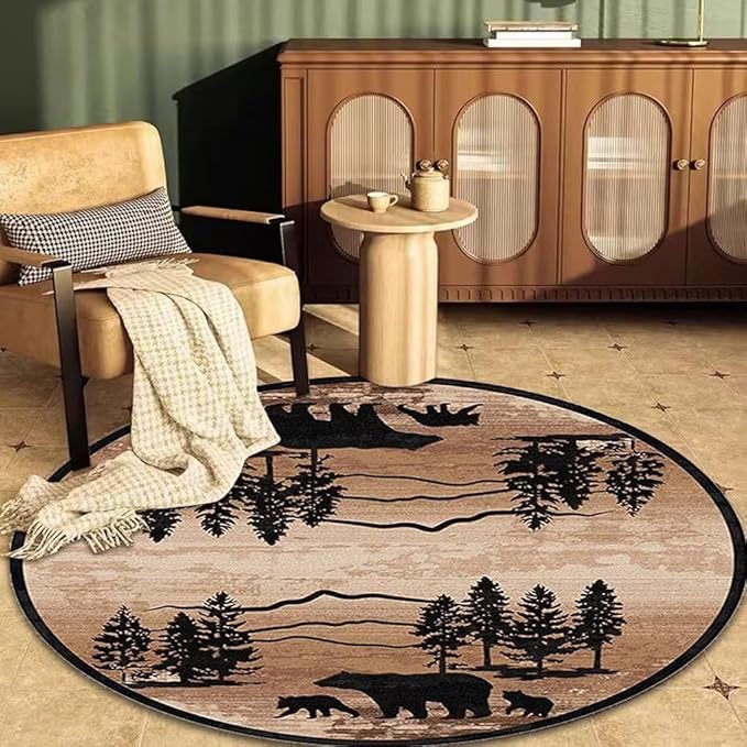 Retro Cabin House Bear Rustic Round Rug for Hallway Wildlife Style Throw Rugs Village Indoor Door Mat Vintage Floor Carpet 2ft