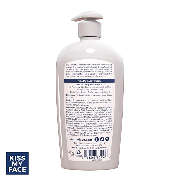 Kiss My Face Moisture Shave Cream, Lavender and Shea Shaving Cream for Men and Women, 11 oz Pump Bottle (Lavender and Shea, Pack of 4)