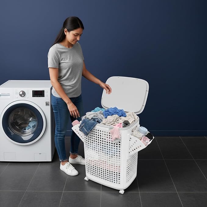 70L Laundry Basket with Wheels, Rolling Laundry Hamper with Lid and Handles, Plastic Rattan Clothes Organizer, Dirty Clothes Basket for Laundry Room, Bedroom, Dormitory Storage