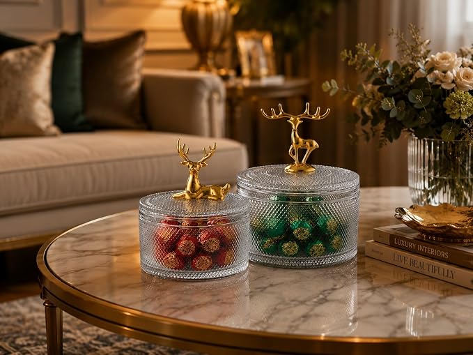 Glass Sugar Bowl Set of 2 with Gold Metal Deer Lid Handle | Diamond-Cut Texture, Small & Large Sizes, Clear Glass Body, Lidded Storage Jars, Decorative Deer Figurine