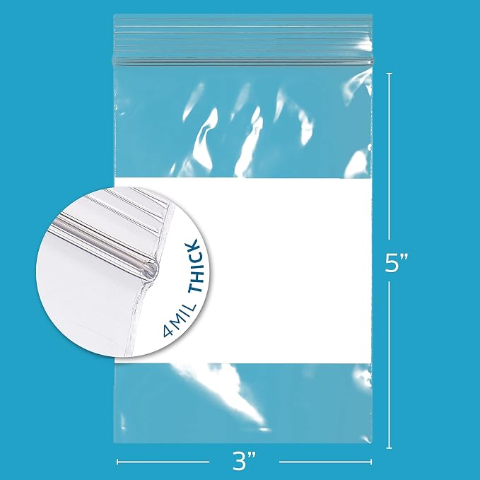 GPI - 3" x 5" - Bulk Pack of 200, 4 Mil Thick, Heavy Duty, Clear Plastic Reclosable Zip Bags, With Write-on White Block for Labeling, Strong & Durable Poly Baggies With Resealable Zipper Top Lock.