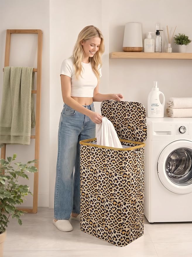 iEGrow Laundry Hamper with Lid, 110L Large Laundry Basket with Handle, Collapsible Clothes Basket Organizer with Removable Inner Bag for Clothes Towels - Leopard print