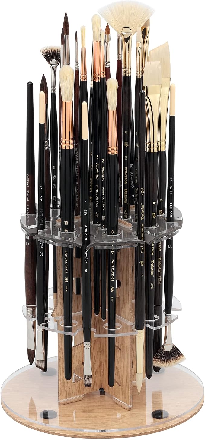 HG Art Concepts Mezzo Dual Artist Brush Holder and Drying Rack, 3 Pack - Rotating Wood Grain Laminate Multi Layer Desk Stand - Professional Storage Display Organizer for Paintbrushes