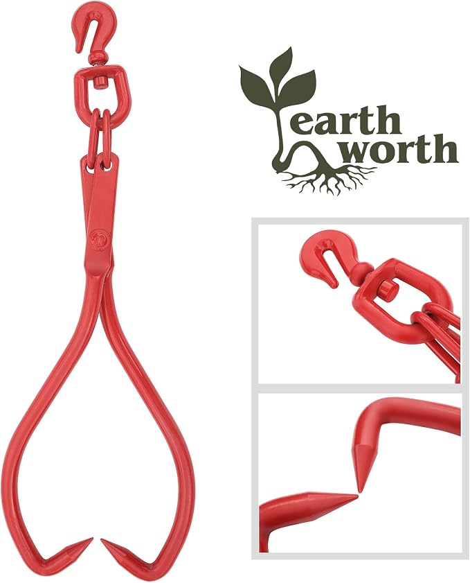 Skidding Tongs – 17-inch Log Grabber with Swivel Hook to Connect with Chain – Logging Tools for Forestry, Timber, and Firewood by Earth Worth (Red)