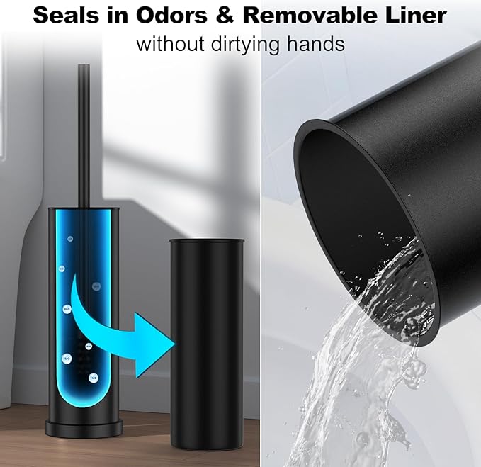Black Toilet Brush and Holder Set，Stainless Steel Heavy Duty Toilet Bowl Brush，Extra Long Handled Modern Toilet Cleaner Brush with Replaceable Head, Removable Inner Bowl, and Splash Protection