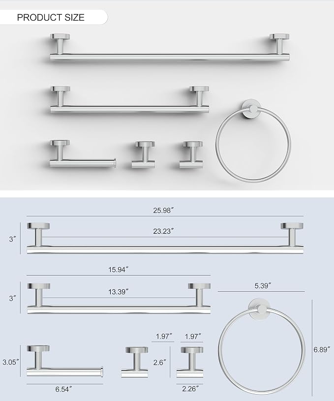 6 Pcs Chrome Bathroom Hardware Accessories Set SUS304 Stainless Steel Towel Rack and Toilet Paper Holder Set Towel Bar Set Wall Mounted by HOMEMYSTIQUE
