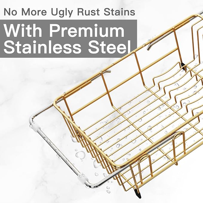 Gold Dish Drying Rack Over The Sink with Utensil Holder | Expandable Stainless Steel Dish Drainer for Small Kitchen, Apartment, RV, Counter Space Saving, Perfect Fit, Rustproof