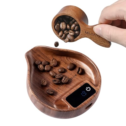 Walnut Coffee Bean Scale & Spoon - Easy Measuring/Dosing Scale Cup with LED Display for Kitchen Weighing, Espresso, Tea, Coffee Lover Gifts