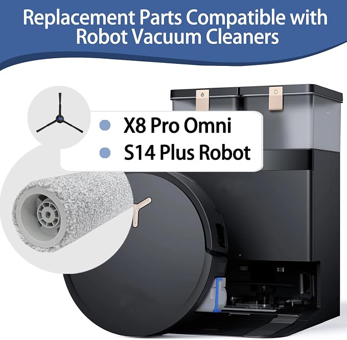 Replacement Accessories kit Compatible with Ecovacs X8 Pro Omni/Yeedi S14 Plus Vacuum Cleaner Robot Parts 2 Main Brush 6 Side Brushes 4 HEPA Filters 4 Roller Mop Cloth 6 Dust Bags