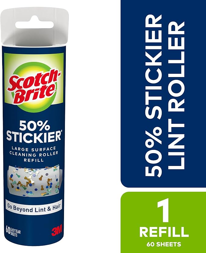 Scotch-Brite 50" Stickier Large Surface Roller Refill & Lint Roller, Works Great on Pet Hair, Clothing, Furniture and More, 3 Rollers, 100 Sheets Per Roller (300 Sheets Total)