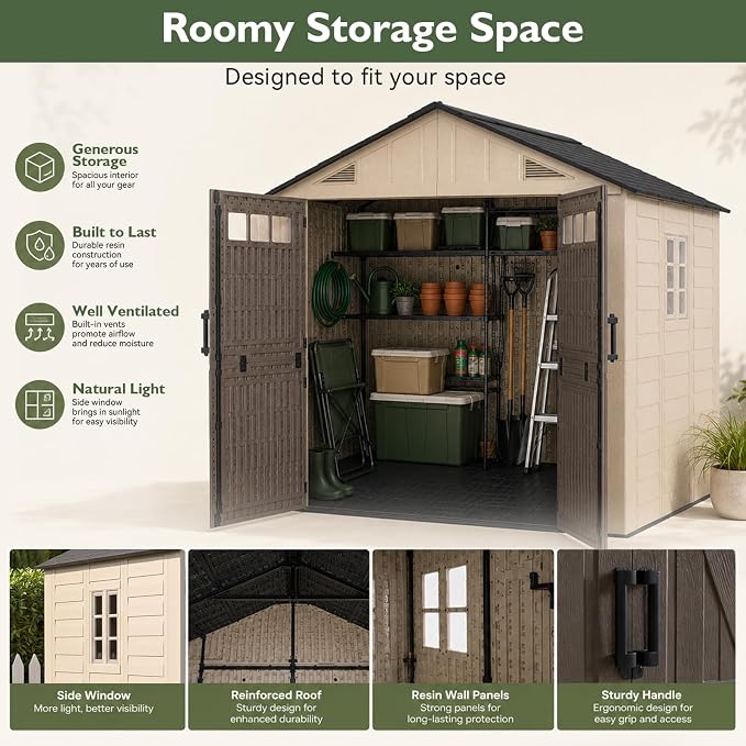 Aoxun 8x8 Ft Outdoor Storage Shed with Lighe & Floor, Large Resin Outdoor Shed with Lockable Door & Windows, Garden HDPE Sheds for Lawn Tools, Pool Supplies & Bikes