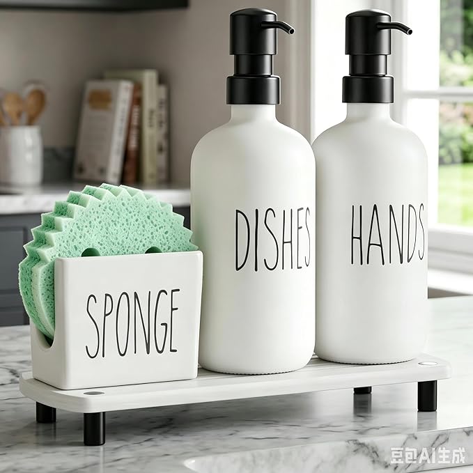 Cisily Kitchen Soap Dispenser Set Comes with Ceramics Sponge Holder, Gold Pumps, and Instant Dry Tray, Hand and Dish Soap Dispenser Set (4, Black + White + Sponge Holder)