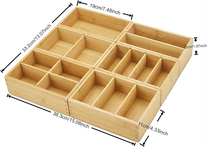 Bamboo Drawer Organizer with Removable Dividers, Fits Kitchens, Bathrooms, Desk, Utensil, Makeup (Natural, S)
