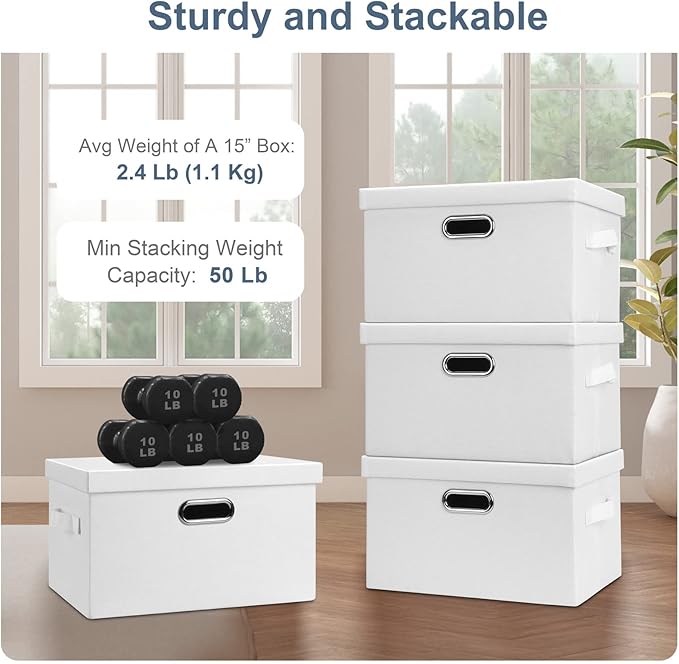 Graciadeco Medium 15" 21 Quart Collapsible Stackable Storage Bins with Lids, 3 Packs White Foldable Fabric Closet Boxes Heavy-duty Linen Cube Baskets Container for Bedroom Office (15 x 11 x 8)