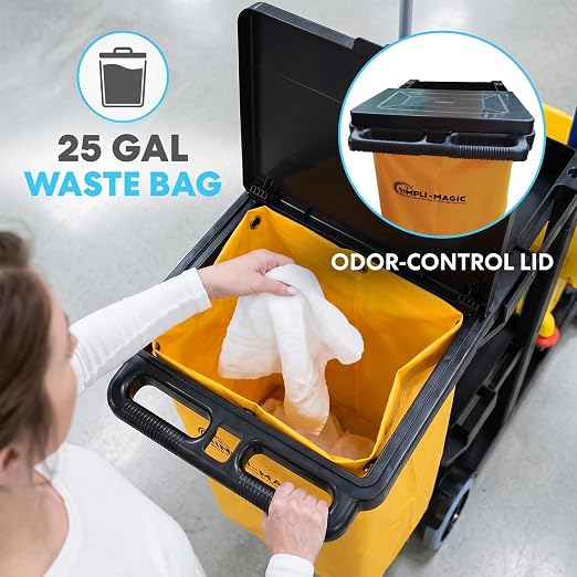 Simpli-Magic Commercial Cleaning Cart with Waste Bag & Lid, Janitorial Utility Cart with 3 Shelves, Mop & Broom Holders, 330 lb Capacity, Yellow/Grey