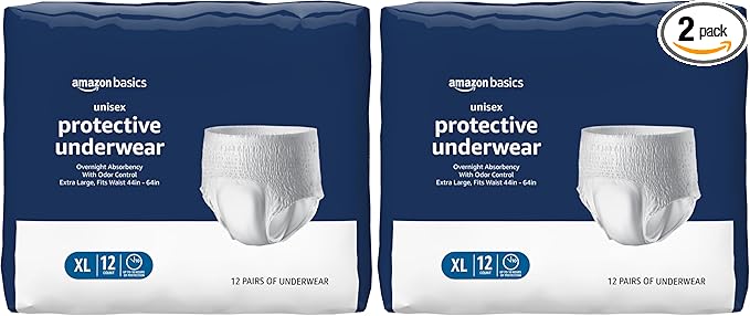 Amazon Basics Unisex Protective Underwear, Overnight Absorbency, Extra Large, 12 Count (Pack of 2)